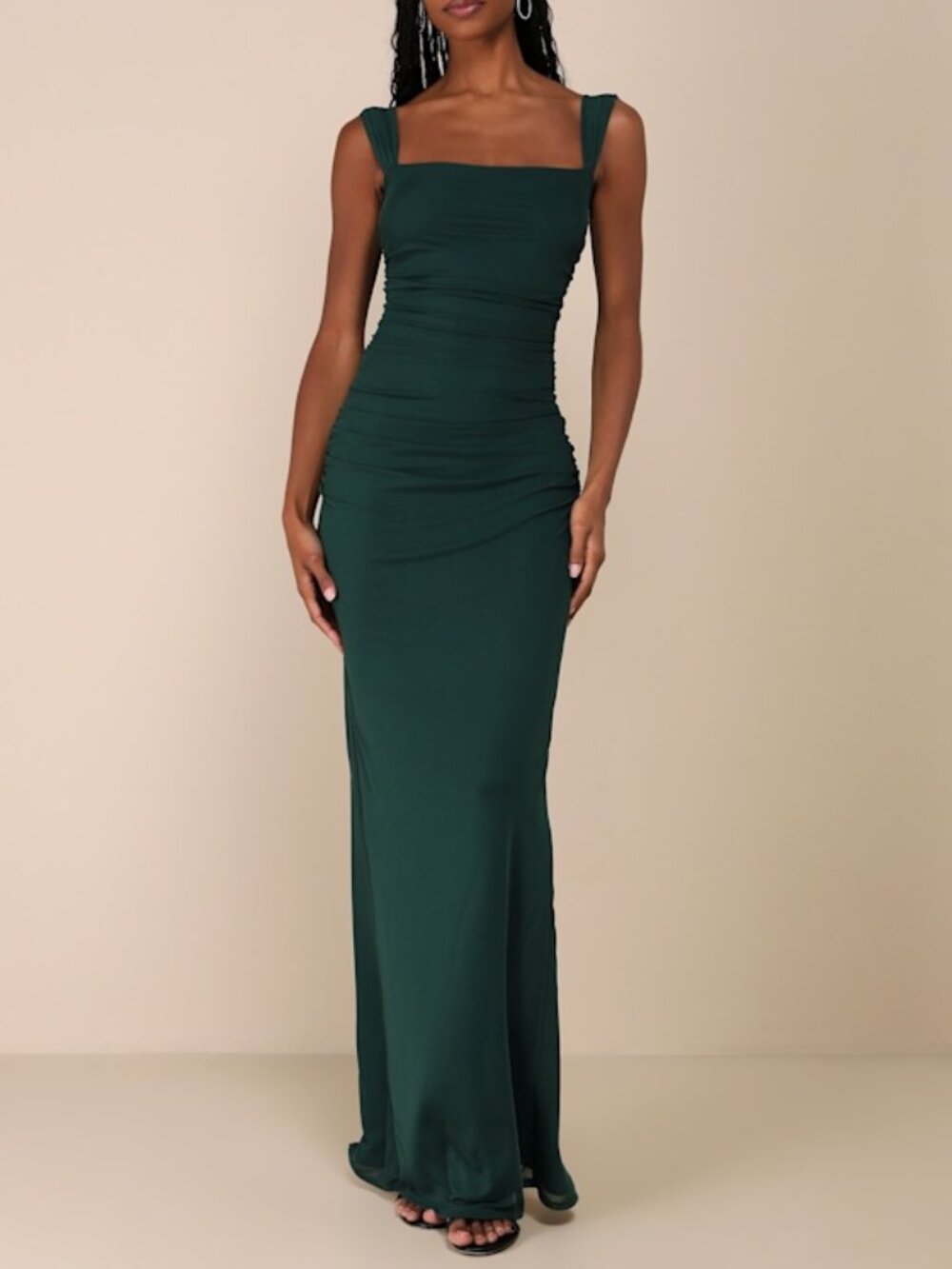 Lulus Amazing Presence Dark Green Mesh Ruched Column Maxi Dress - Size L